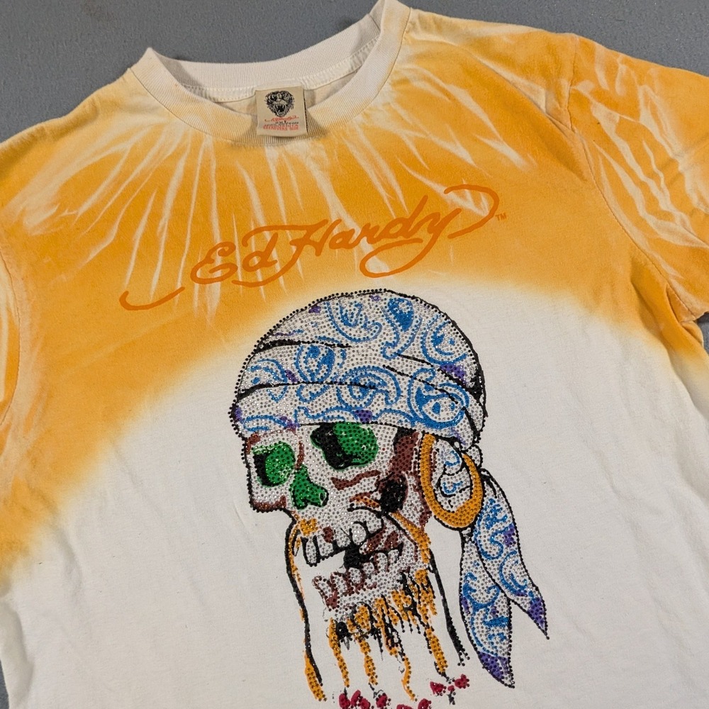 Ed Hardy T-Shirt Mens Size 2XL Orange Tie Dye Skull Rhinestone Y2K‎ Pirate